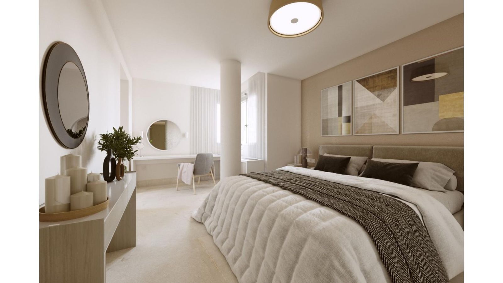 Moderne slaapkamer suite interieur met bureau en kunst aan de muur