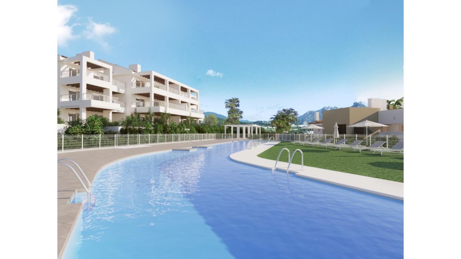 Altura 160: Zwembadzicht op appartementencomplex met ligstoelen en bergen op de achtergrond.