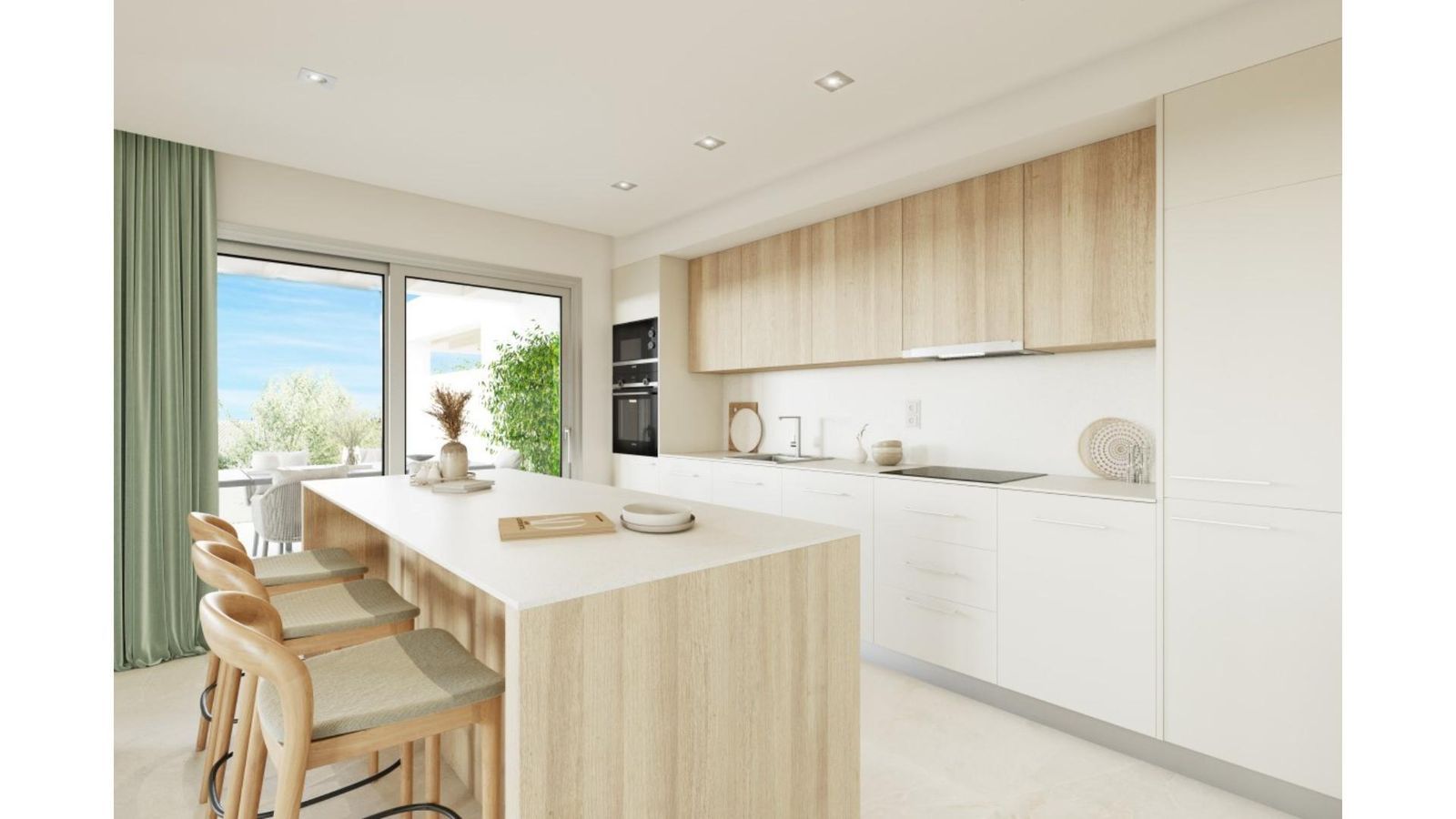 Moderne keuken met eiland en houten details.